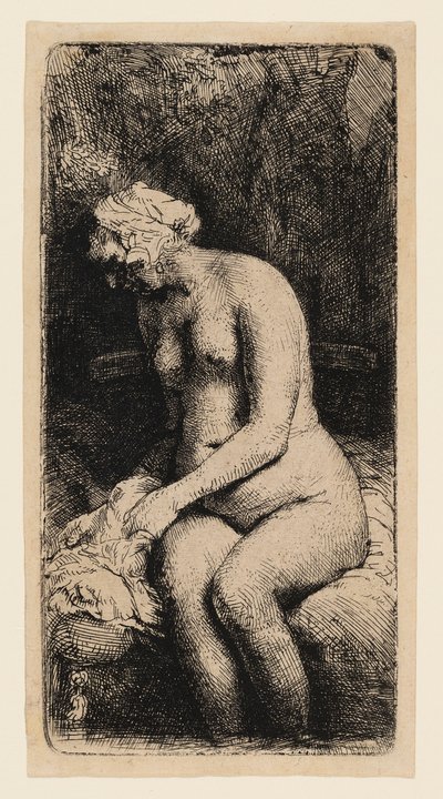 Nainen kylpemässä jalkojaan purossa tekijältä Rembrandt van Rijn