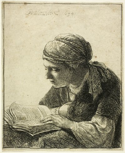 Nainen lukee tekijältä Rembrandt van Rijn