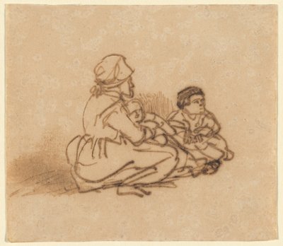 Nainen istuu maassa kahden lapsen kanssa tekijältä Rembrandt van Rijn