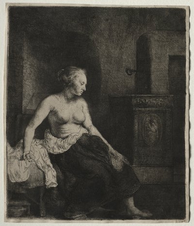 Nainen istumassa puolipukeutuneena lieden vieressä, 1658. tekijältä Rembrandt van Rijn