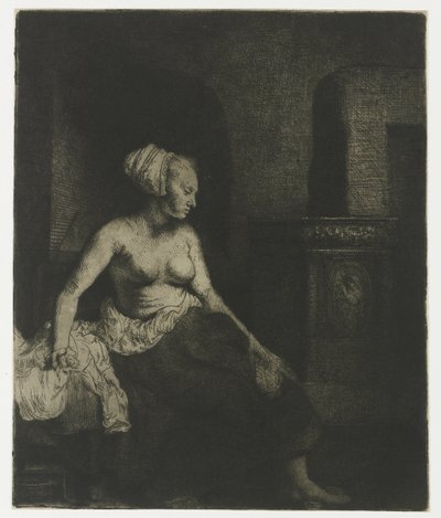 Nainen istuu puolipukeutuneena lieden vieressä Nainen istuu puolipukeutuneena lieden vieressä tekijältä Rembrandt van Rijn
