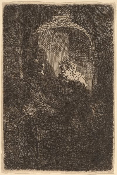 Nainen oviluukussa puhumassa miehelle ja lapsille (koulumestari) tekijältä Rembrandt van Rijn