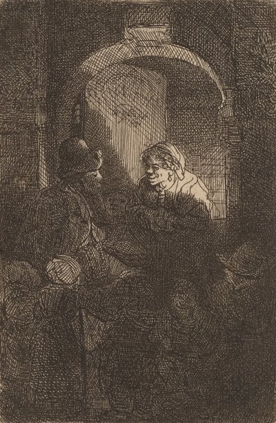 Nainen oviluukussa puhumassa miehelle ja lapsille Koulumestari, 1641. tekijältä Rembrandt van Rijn