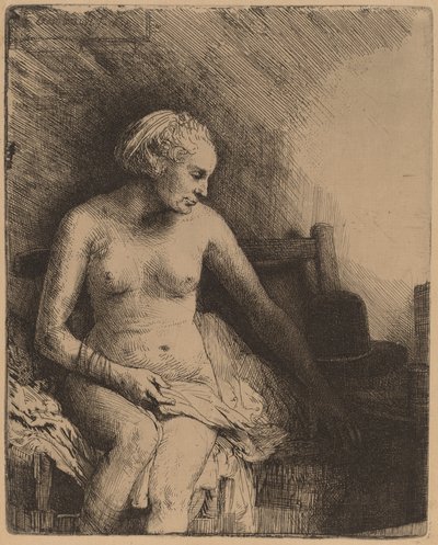 Nainen kylpylässä hattu vieressään tekijältä Rembrandt van Rijn
