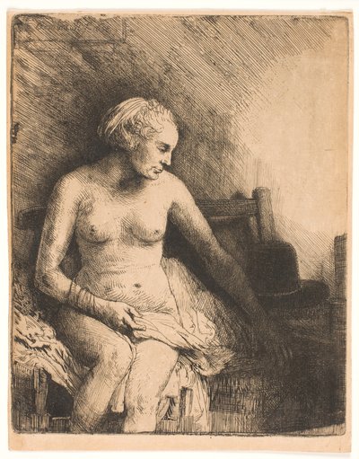 Nainen kylvyssä, hattu vieressään tekijältä Rembrandt van Rijn