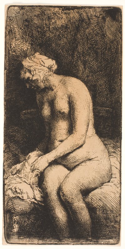 Nainen kylpemässä jalkojaan purossa tekijältä Rembrandt van Rijn