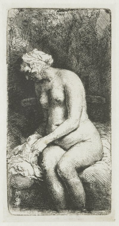 Nainen kylpemässä jalkojaan purossa tekijältä Rembrandt van Rijn