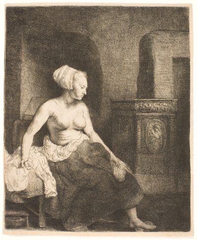 Nainen istuu puolipukeutuneena lieden vieressä tekijältä Rembrandt van Rijn