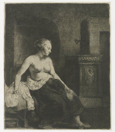Nainen istuu puolipukeutuneena lieden vieressä tekijältä Rembrandt van Rijn