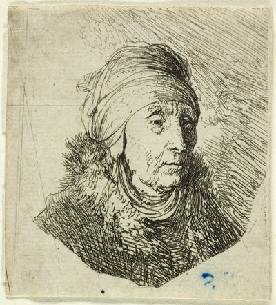 Nainen, jolla on korkea päähine leuan ympärillä: rintakuva tekijältä Rembrandt van Rijn