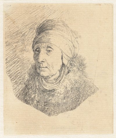 Nainen, jolla on korkea, leuan ympärille kiedottu päähine: rintakuva tekijältä Rembrandt van Rijn