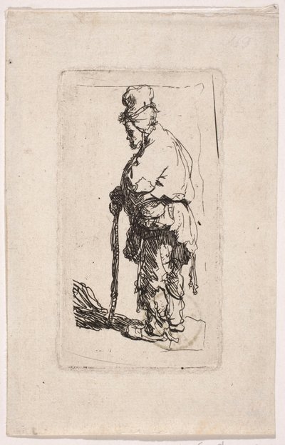 Keppiin nojaava kerjäläinen, katse vasemmalle tekijältä Rembrandt van Rijn