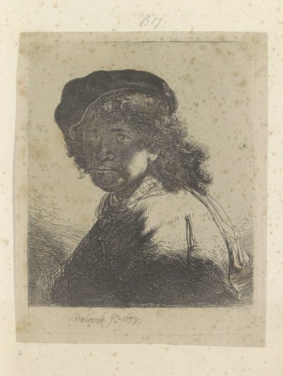 Omakuva baretilla ja kaulaliinalla, kasvot varjossa Recueil de quatre-vingt-cinq estampes originales (sarjan nimi) tekijältä Rembrandt van Rijn