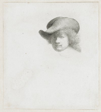 Omakuva, jossa on roikkuva hattu ja koristeltu viitta tekijältä Rembrandt van Rijn