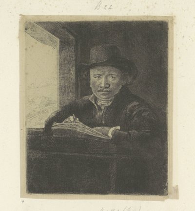 Omakuva, piirustus ikkunaan Recueil de quatre-vingt-cinq estampes originales (sarjan nimi) tekijältä Rembrandt van Rijn