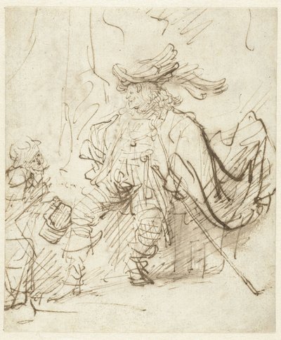 Istuva näyttelijä Capitano-roolissa tekijältä Rembrandt van Rijn