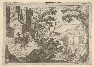 Maisema, jossa rakennuksia vasemmalla ja silta oikealla alla, n. 1620-50. tekijältä Remigio Cantagallina