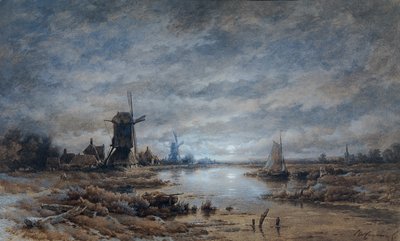 Kuutamoinen yö (kanavamaisema tuulimyllyillä ja laivoilla) tekijältä Remigius Adrianus van Haanen