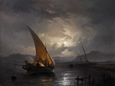 Yömaisema purjeveneellä, jossa sytytetään tulta, vuoden 1860 jälkeen (öljy kankaalle) tekijältä Remigius van Haanen