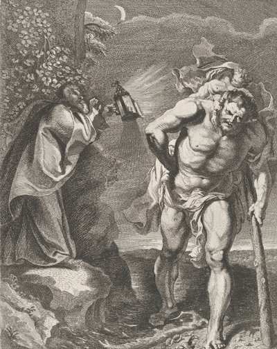 Pyhä Christopher kantaa Kristus-lapsia virran poikki, toinen mies kädessään ..., n. 1636-80. tekijältä Remoldus Eynhoudts