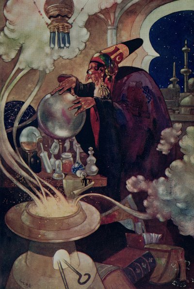 "Pitkän ja huolellisen maagisten tutkimusten jälkeen" teoksesta "The Arabian Nights" (värilitho) tekijältä René Bull