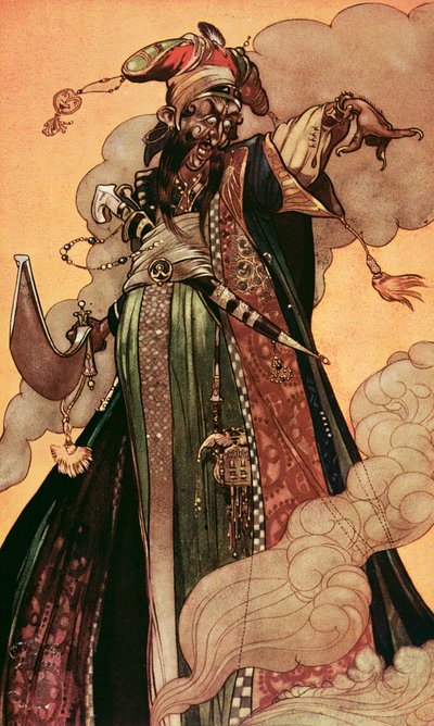 "Hän näki hirviömäisen bulkkigenin etenevän häntä kohti", elokuvasta "The Arabian Nights" (värinen lito) tekijältä René Bull