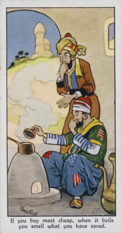 Jos ostat lihaa halvalla, sen kiehuessa haistat mitä olet säästänyt (väri litho) tekijältä René Bull