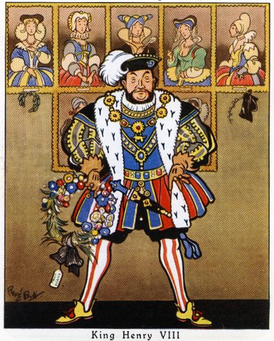 Kuningas Henrik VIII koristelemassa vaimonsa muotokuvia hollylla, mistelillä ja seppeleellä jouluksi 1936 tekijältä René Bull