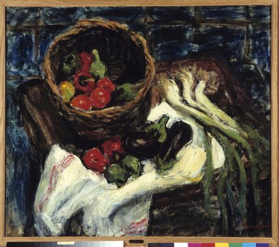 Asetelma kasviskorissa Paprika, munakoiso ja purjo (öljy kankaalle) tekijältä Rene Auguste Seyssaud
