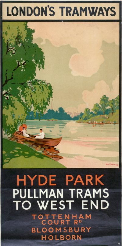 "Hyde Park, Pullman Trams to West End", Lontoon kreivikuntaneuvoston LCC Tramways -juliste, 1930 tekijältä Rene Blair