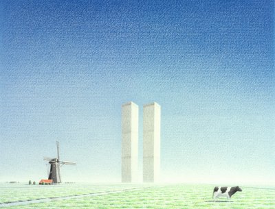 Twin Towers, 2001, Värikynäpiirros paperille tekijältä Rene Boin
