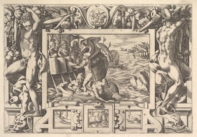 Aeëtes kerää Absyrtesin raajat Samalla kun hän saa raajat nousemaan, kreikkalaiset tekevät d..., 1563. tekijältä Rene Boyvin