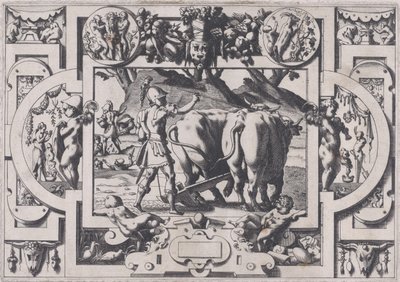 Jason kylvää lohikäärmeen hampaat Jason kesyttää heidät ja kahlitsee heidät ja kyntää heidän f..., 1563. tekijältä Rene Boyvin