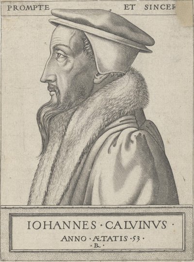 Jean Calvin (1509 - 1564), teologi ja protestanttisen uskonpuhdistuksen päävoima, 53-vuotias tekijältä Rene Boyvin