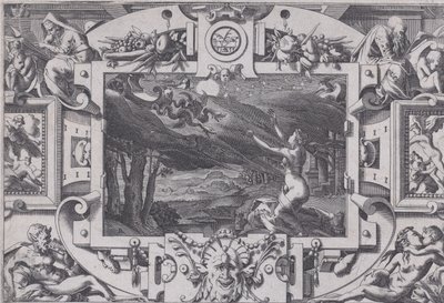 Lohikäärmeiden piirtämä Medea ja hänen vaununsa epäsiisti ja alasti pimeänä yönä, autiossa paikassa..., 1563. tekijältä Rene Boyvin