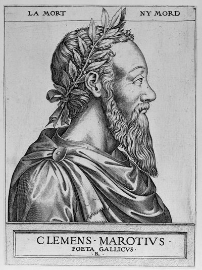 Clement des Maretsin muotokuva nimeltä Marot (1496-1544), ranskalainen runoilija - Rene Boyvinin Clement Marotius poeta gallicus -kaiverrus 1576 - tekijältä Rene Boyvin