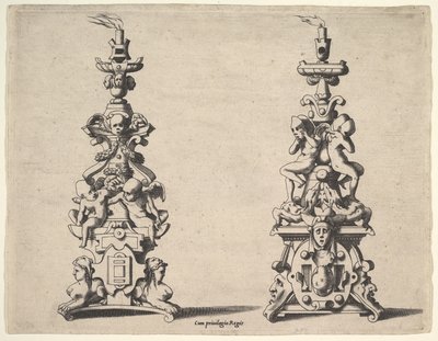 Kaksi kynttilänjalkaa, n. 1550-60. tekijältä Rene Boyvin