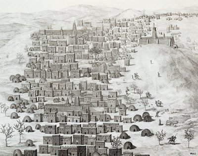 Näkymä Timbuktun kaupungista, Malista, Rene Caillien (1799-1838) kaiverrus Matkasta Keski-Afrikan läpi Timbuctoon vuosina 1824-1828, Afrikka tekijältä Rene Caillie