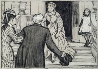 Vierailu, kuvitus Rene Boylesven La Jeune Fille Bien Eleveestä (mustavalkoisia liituja paperilla) tekijältä René François Xavier Prinet