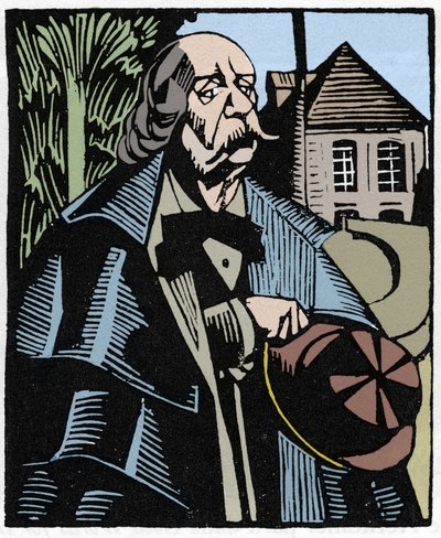Gustave Flaubertin (1821-1880) muotokuva. Puukaiverrus Hermann-Paul (Hermann Paul) (1874-1940) Louis Bertrandin kirjaan "Flaubert a Paris or Le Mort Vivant". tekijältä Rene George Hermann Paul