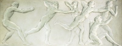 Valettu lasinen figuraalipaneeli, joka esittää kuutta alastomaa miesurheilijaa, tekijältä Rene Jules Lalique