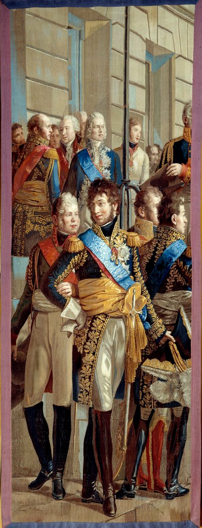 Napoleon I:n ja Preussin kuningatar Louisen haastattelu Tilsitissä (Tilsitt), 7.6.1807 Gobelinien työpajan kuvakudos Rene Theodore Berthonin (1776-1859) maalauksen yksityiskohdan perusteella. 3,28 x 1,28 m Malmaison musee du chateau tekijältä Rene Theodore Berthon