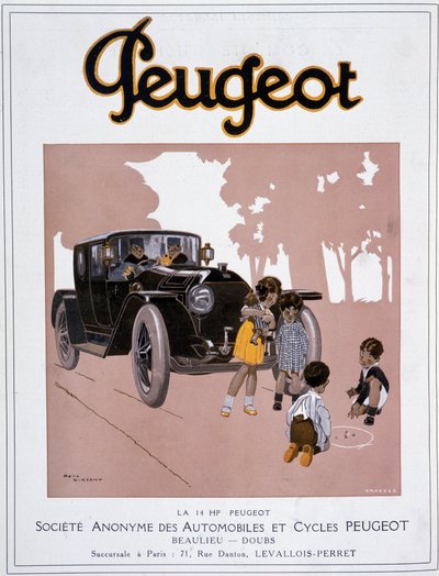 Peugeotin "" The 14 HP Peugeot"" mainonta "" Comoedia illustrious"" -julkaisussa 20. joulukuuta tekijältä Rene Vincent