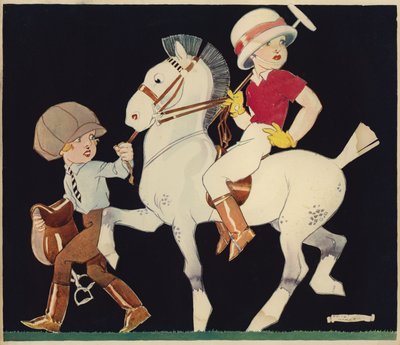 Poika pooloponilla, tallitytön johdolla (väri litho) tekijältä Rene Vincent