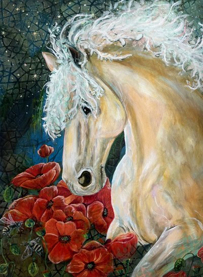 Unelmainen hevonen ja unikot tekijältä Renee Machan Cottagecore Artist