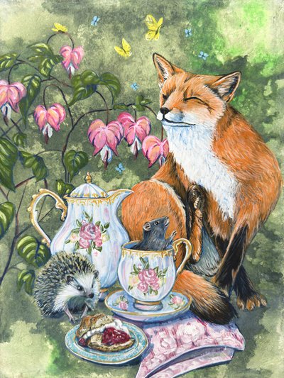 ”Iltapäiväteetä” – ketunsiili ja hiiri, taustalla vuotava sydän -kukkia, tekijä Renee Machan tekijältä Renee Machan Cottagecore Artist