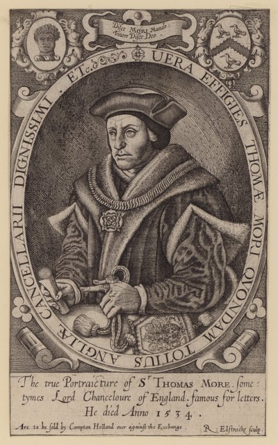 Sir Thomas More, englantilainen lakimies, valtiomies, filosofi ja humanisti (kaiverrus) tekijältä Renold (after) Elstrack