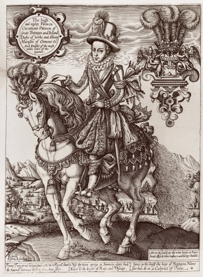 Charles I Walesin prinssinä hevosen selässä, The Book of Kings, 1618 tekijältä Renold Elstrack