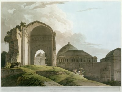 Madurain palatsin rauniot, kaiverrus Thomas ja William (1769-1837) Daniell, julkaistu 1798 (väri litho) tekijältä Rev. Edward Thomas Daniell