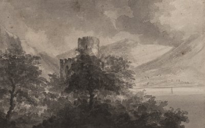 Metsäinen Lakelandin linna: capriccio, 1804 (sivellin ja yksivärinen pesu paperille) tekijältä Rev. William Gilpin